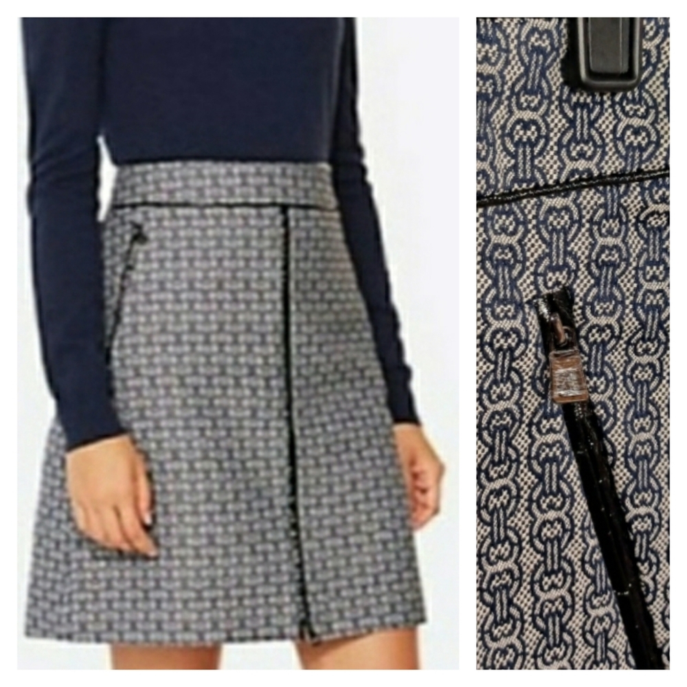 TORY BURCH Navy Blue Chaumont Ivory Geometric Print Zipper Skirt 8 M NWT